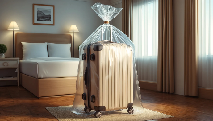 Suitcase inside plastic bag to protect from bed bugs